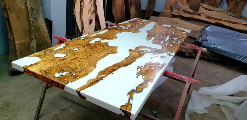White Resin Olive Table, Olivewood Table, Epoxy Olive Table