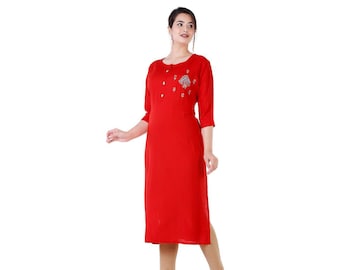 Red Rayon Readymade Brodé Sequins Handwork Kurti Top Indian Tunic Women Party Wear Shirt Robe Free Shipping Designer Nouveau produit