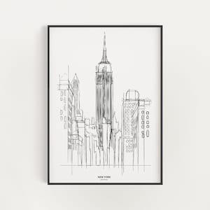 New York City Wall Art Sketch, Minimal Black and White Sketch with Empire State Building, Printable Home Decor, Fineline printable