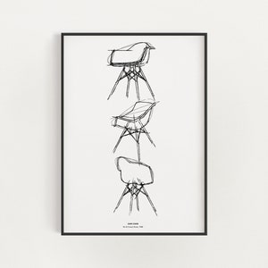 Pode incluir: Desenho de linha preto e branco de um design de cadeira. O desenho mostra a cadeira de diferentes ângulos. O texto "Eames Chair" está na parte inferior da imagem.