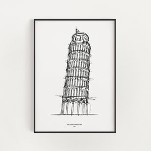 Leaning Tower of Pisa Printable, Architecture Wall Art, Digital Download, History and travel, Fine line printable art, Vintage art Print