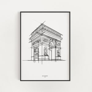 Printable Arc de Triomphe Wall Art in Stunning Black and White Sketch for Instant Download, Sketch art, Paris Art print, Fineline art