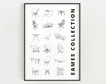 Iconic Eames Furniture Collection Sketches - Minimalist Wall Art, Digital Download Prints, Mid Century designs