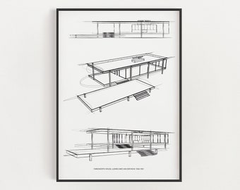 Farnsworth House Sketch, Minimalist Mid-Century Modern Architecture, Printable Wall Art, Gift for Architect