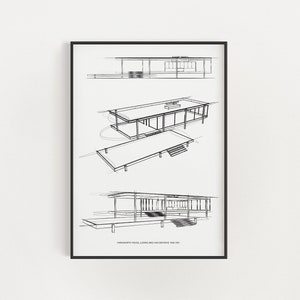 Farnsworth House Sketch, Minimalist Mid-Century Modern Architecture, Printable Wall Art, Gift for Architect