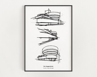 Croquis du musée Guggenheim, Frank Lloyd Wright, art mural imprimable, pour les amateurs d'architecture et de design