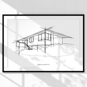 The Cree House Sketch, Timeless Black and White Home Decor, Mid-century modern architecture line art