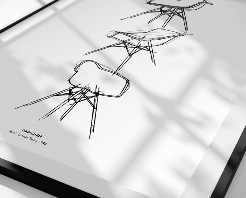 May include: A black and white line drawing of three Eames DAW chairs. The drawing is on a white background and includes the text "DAW CHAIR Ray & Charles Eames, 1948".