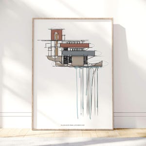 Frank Lloyd Wright's Falling Water House Sketch, Hand Drawn Minimalist Mid-Century Modern Architecture, Printable Wall Art, Architect Gift