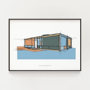 Glass House minimalist color Sketch, Philip Johnson, Mid-Century Modern Architecture drawing, Interior design decor, Architect gift