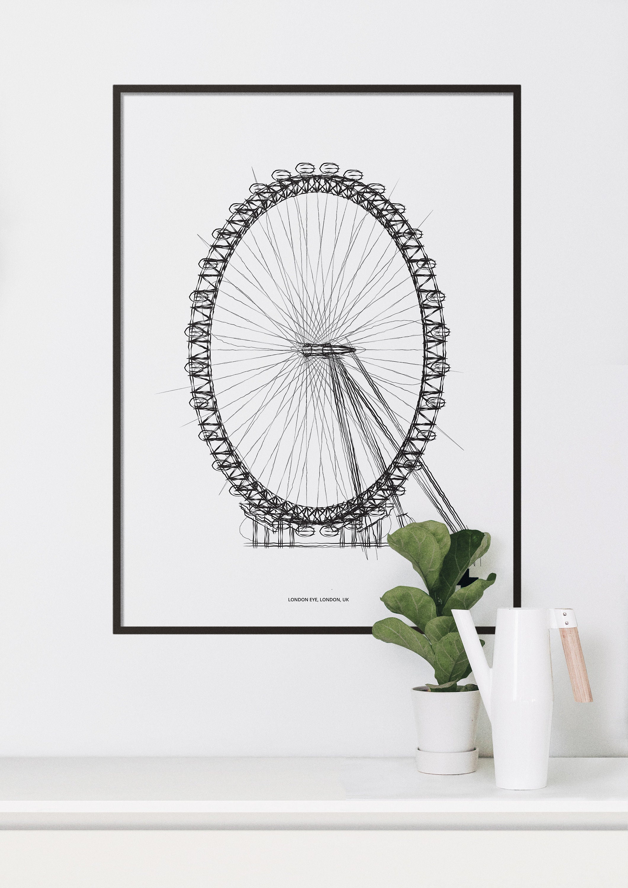 ロンドン・アイ・プリント：ミニマリストの白黒スケッチ（デジタル