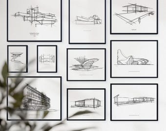 May include: Nine framed architectural sketches in black and white. The drawings show modern building designs, each with detailed line work. The frames are black, and the artwork is displayed against a white wall.