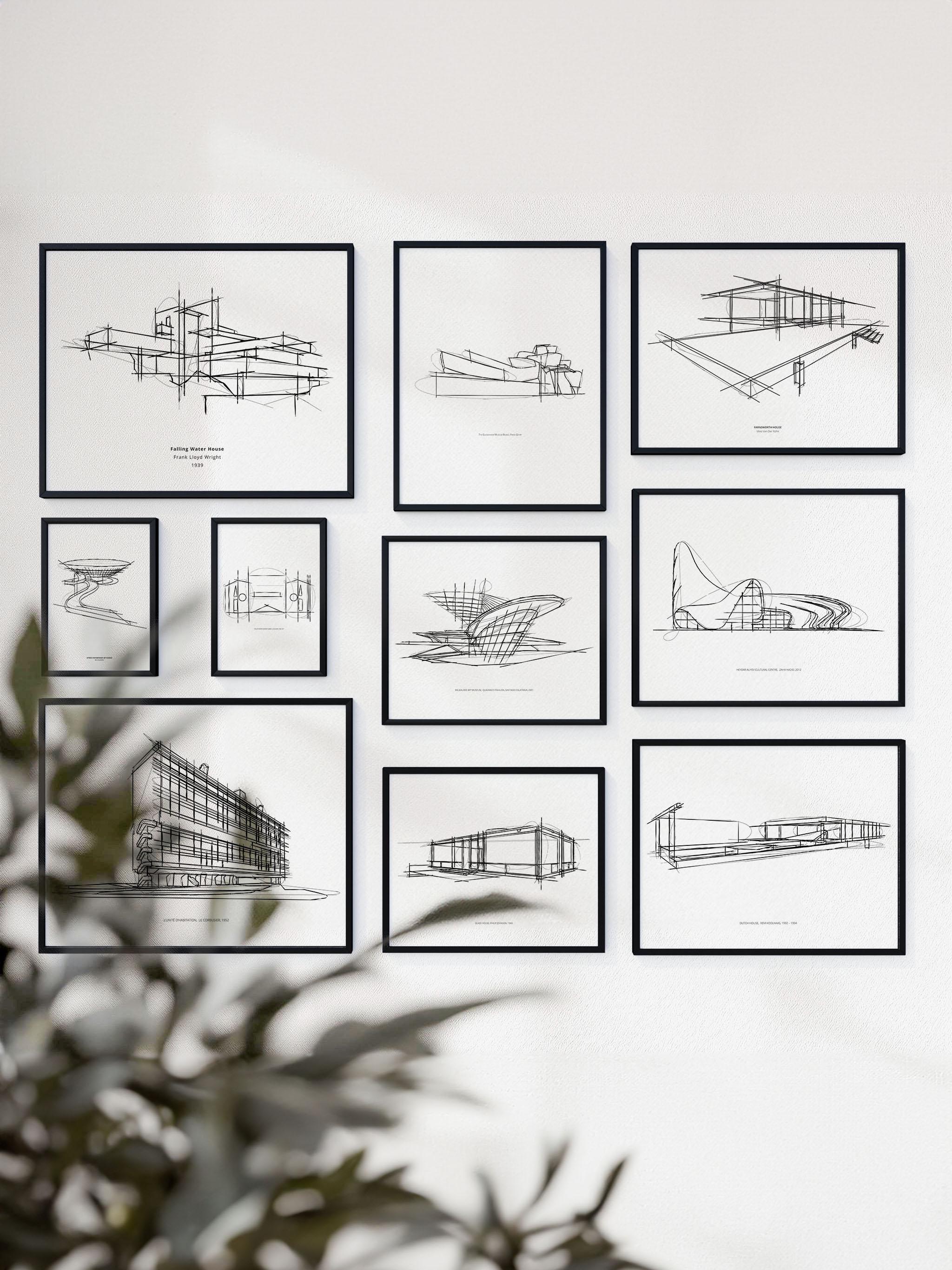 Set of 10 Iconic Architects Masterpieces Sketch Print Set: Modern