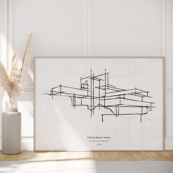 Falling Water Sketch, Franck Lloyd Wright, Minimalist Mid