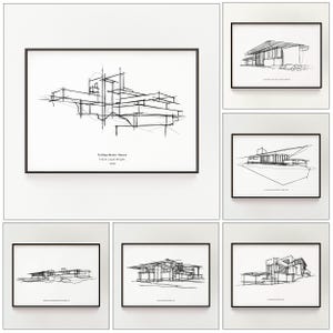 Set mit 6 Frank lloyd Wright ikonischen Häusern Skizze, modernes Schwarzweiß-Dekor, minimalistischer Druck, Architektengeschenk, modernistische Architektur