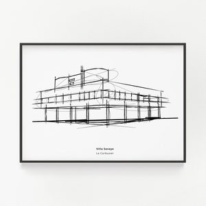 Le Corbusier Villa Savoye Sketch, Line Illustration, Modernist Design for Home Decor, Sketch Art Print, Architecture Student