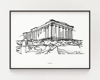 Parthenon Sketch Print, Greece Acropolis Line Art, Minimalist Architectural Wall Art, Ancient Greek Temple Drawing, Travel Poster Souvenir