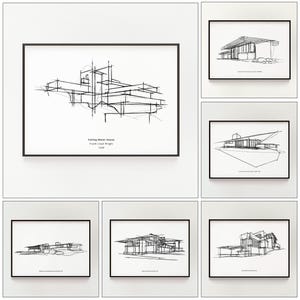 Ensemble de 6 impressions de croquis de la maison de Frank Lloyd Wright : ensemble d'architecture moderniste (téléchargement numérique)