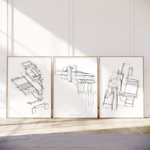 Fallingwater House Sketch Print Set: Minimalist Mid-Century Modern Architecture (Digital Download)