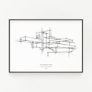Frank lllloyd Wright's Falling Water House Sketch, handgezeichnete minimalistische moderne Architektur der Mitte des Jahrhunderts, druckbares Poster, BONUS Download