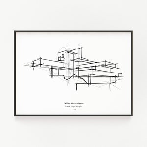 Frank Lloyd Wright's Falling Water House Sketch, hand drawn Minimalist Mid-Century Modern Architecture, Printable Poster, BONUS download