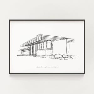 May include: Black and white line drawing of the Farnsworth House, designed by Mies van der Rohe. The text below the drawing reads "The E.E. & P.R. Farnsworth House, Plano, Illinois, 1948-1951."