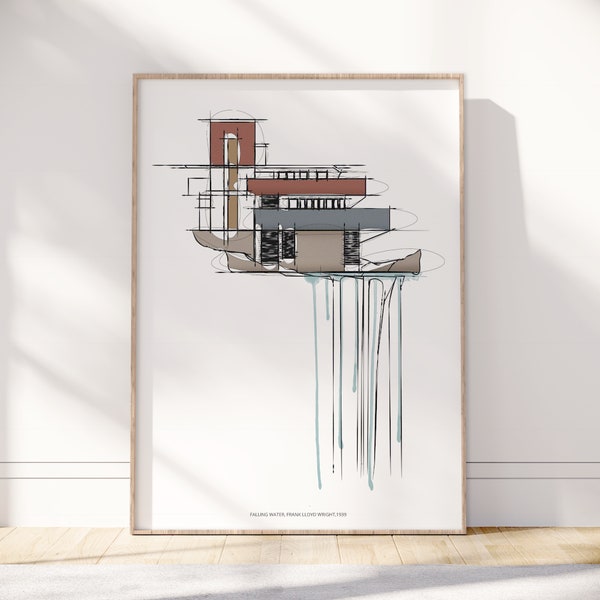 Croquis de maison avec chutes d'eau de Frank Lloyd Wright, architecture moderne minimaliste dessinée à la main du milieu du siècle, art mural imprimable, cadeau d'architecte