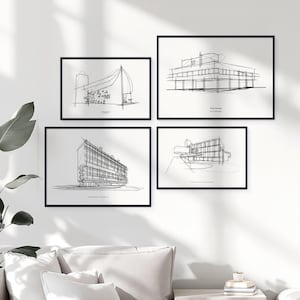 Set von 4 Le Corbusier Gebäude Skizzen, moderne Galerie Wand Dekoration, Skizze Kunstdruck, Architekt Geschenk, modernistische Architektur