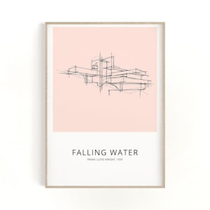 Frank Lloyd Wright's Falling Water House Sketch, hand drawn Minimalist Mid-Century Modern Architecture, Printable Poster, BONUS download