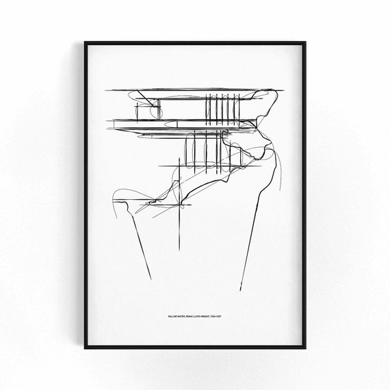 フランク・ロイド・ライト Frank Lloyd Wright Drawings Fallingwater House Sketch: Frank Lloyd Wright Minimalist Line Art