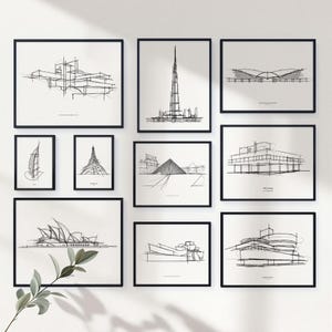 Iconic Architecture Gallery Wall Set of 10 Sketches, Modern Black and white Home Decor,  Sketch Art, Architect gift, Modern Architecture