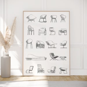 Moderne Stuhl Design Sammlung Skizze, Interior Design Poster, Geschenk für Studenten, Bleistift Linienskizze druckbare Wandkunst für Design Liebhaber