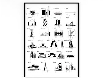 Op de afbeelding: Een zwart-witte grafische illustratie van architectonische ontwerpen van beroemde architecten. De namen van de architecten staan ​​onder elk ontwerp. De architecten zijn: Bo Bandi, Le Corbusier, Jacobsen, Kahn, Mayne, Niemeyer, OMA, Piano, Asam, Wright, Sa, Ischumi, UN Studio, Van Der Rohe, Yeang en Zumthor.