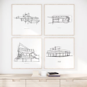 Modernist Set von 4 ikonischen 1930er Jahre Architektur-Skizzen, modernes schwarz-weißes Wohndekor, Line Art Print, Le Corbusier, Frank lllloyd Wright