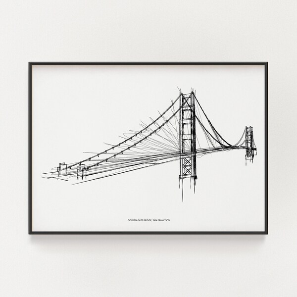 Golden Gate Bridge Sketch, Black and White Minimalist Architectural Wall Poster, San Francisco Skyline drawing