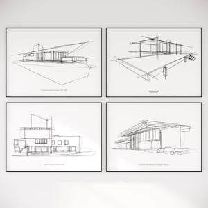 Modernist Set mit 4 ikonischen 1950er Jahre Architektur-Skizzen, modernes Schwarz-Weiß-Wohndekor, Mies van der Rohe, Alvar Aalto, Frank lllloyd Wright