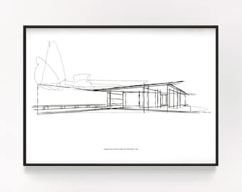 Mies Van Der Rohe Barcelona Pavilion Sketch, hand drawn Minimalist Mid-Century Modern Architecture, Printable Wall art, Architect Gift
