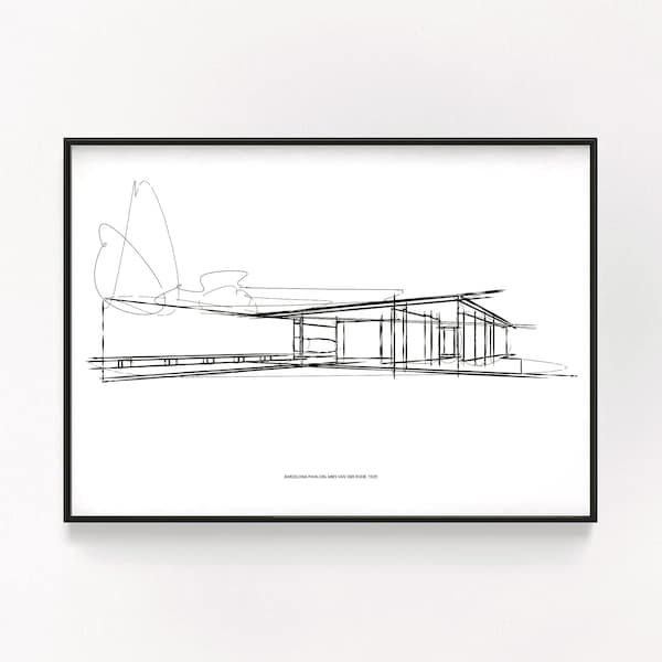 Mies Van Der Rohe Barcelona Pavilion Sketch, hand drawn Minimalist Mid-Century Modern Architecture, Printable Wall art, Architect Gift