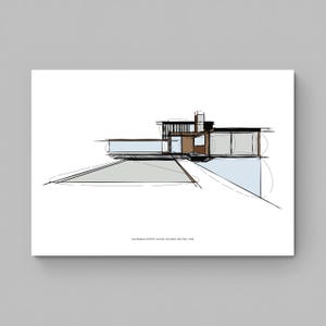 May include: A black and white line drawing of the Kaufmann Desert House, designed by Richard Neutra in 1946. The drawing shows the house with a swimming pool in front of it.