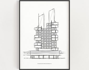 Nakagin Capsule Tower Sketch Print, Architectural Sketch