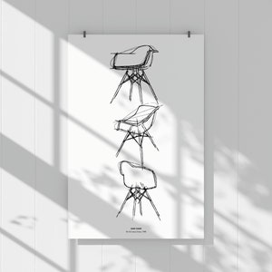 May include: A black and white line drawing of three Eames chairs. The chairs are stacked on top of each other, with the top chair being the most detailed. The drawing is on a white background.
