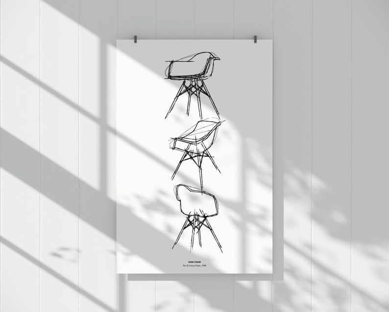 May include: A black and white line drawing of three Eames chairs. The chairs are stacked on top of each other, with the top chair being the most detailed. The drawing is on a white background.