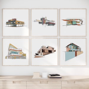Kultige 1930er Jahre modernistische Architektur-Skizzen Set von 6, modernes Wohndekor, Linie Kunstdruck, Le Corbusier, Frank llllold Wright