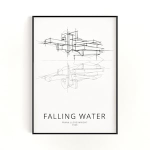 Falling Water House, Frank Lloyd Wright, Minimalist Mid-Century Modern Architecture sketch art, Printable Poster, with BONUS download