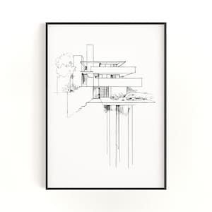 Fallingwater-tryck: Frank Lloyd Wright-inspirerad arkitekturskiss (digital nedladdning)