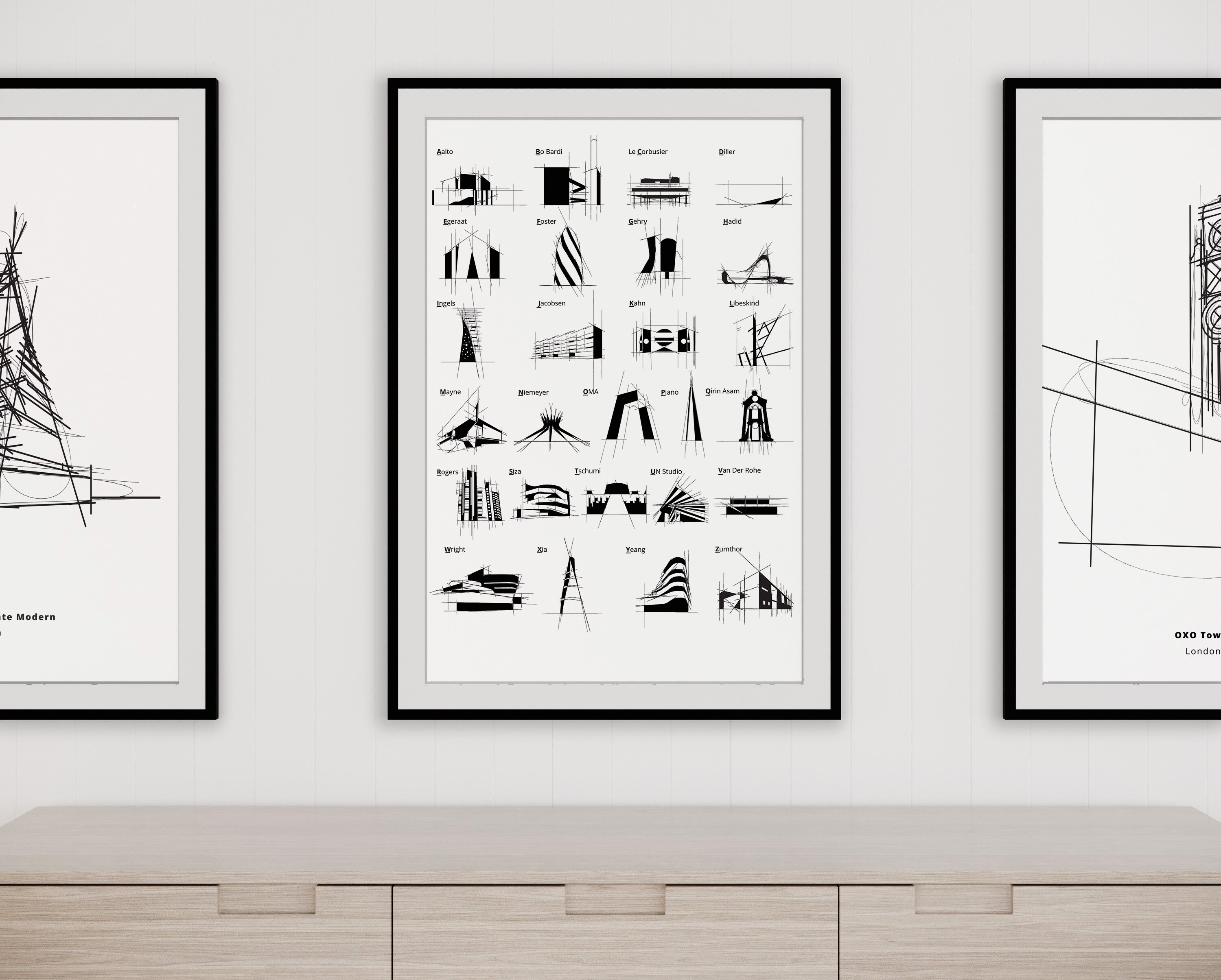 Architectural Alphabet Print: Modern Building Sketches (digital