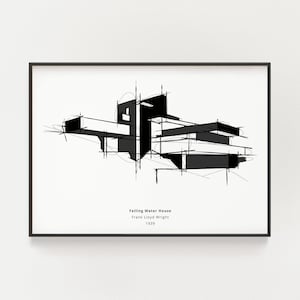 Frank Lloyd Wright's Falling Water House Sketch, hand drawn Minimalist Mid-Century Modern Architecture, Printable wall art, iconic house