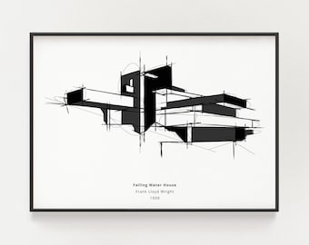 Skiss av Fallingwater House: Frank Lloyd Wrights arkitekturtryck (digital nedladdning)