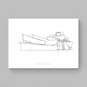 Guggenheim Museum Bilbao, Unique Minimalist Architecture Sketch, Frank Gehry, Iconic signature illustration, Architecture lovers