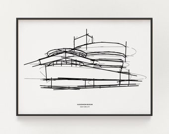 Guggenheim Museum Sketch, Minimalist Line Drawing, Modern Architecture Frank Lloyd Wright, Digital Print, Urban Chic, Unique Gift, Gallery